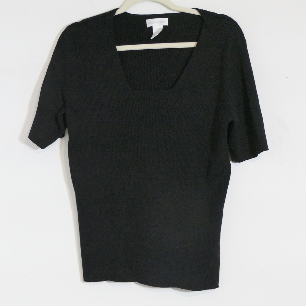 Worthington Womens Knit Top L Black Ribbed Square Neck Minimalist Office Layers